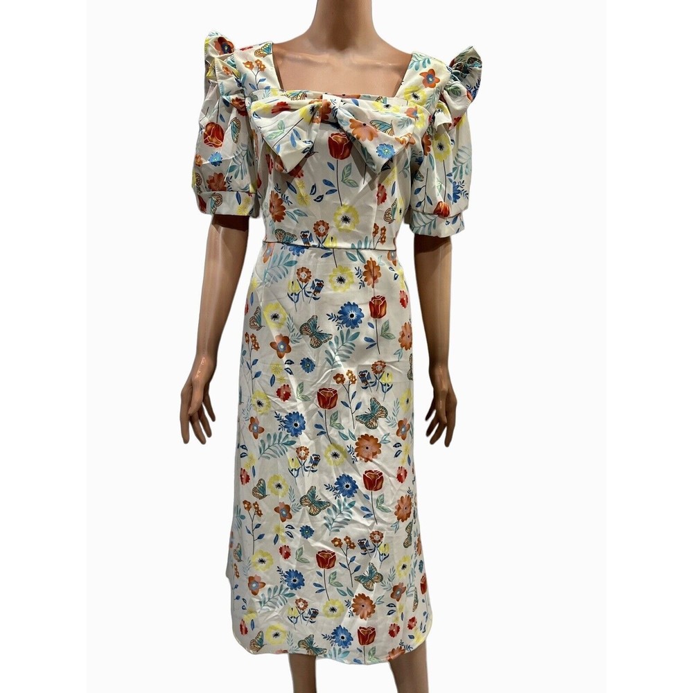 NWT Vintage Retro Style Cream Floral Midi Dress  Tie Back Fits Size SML